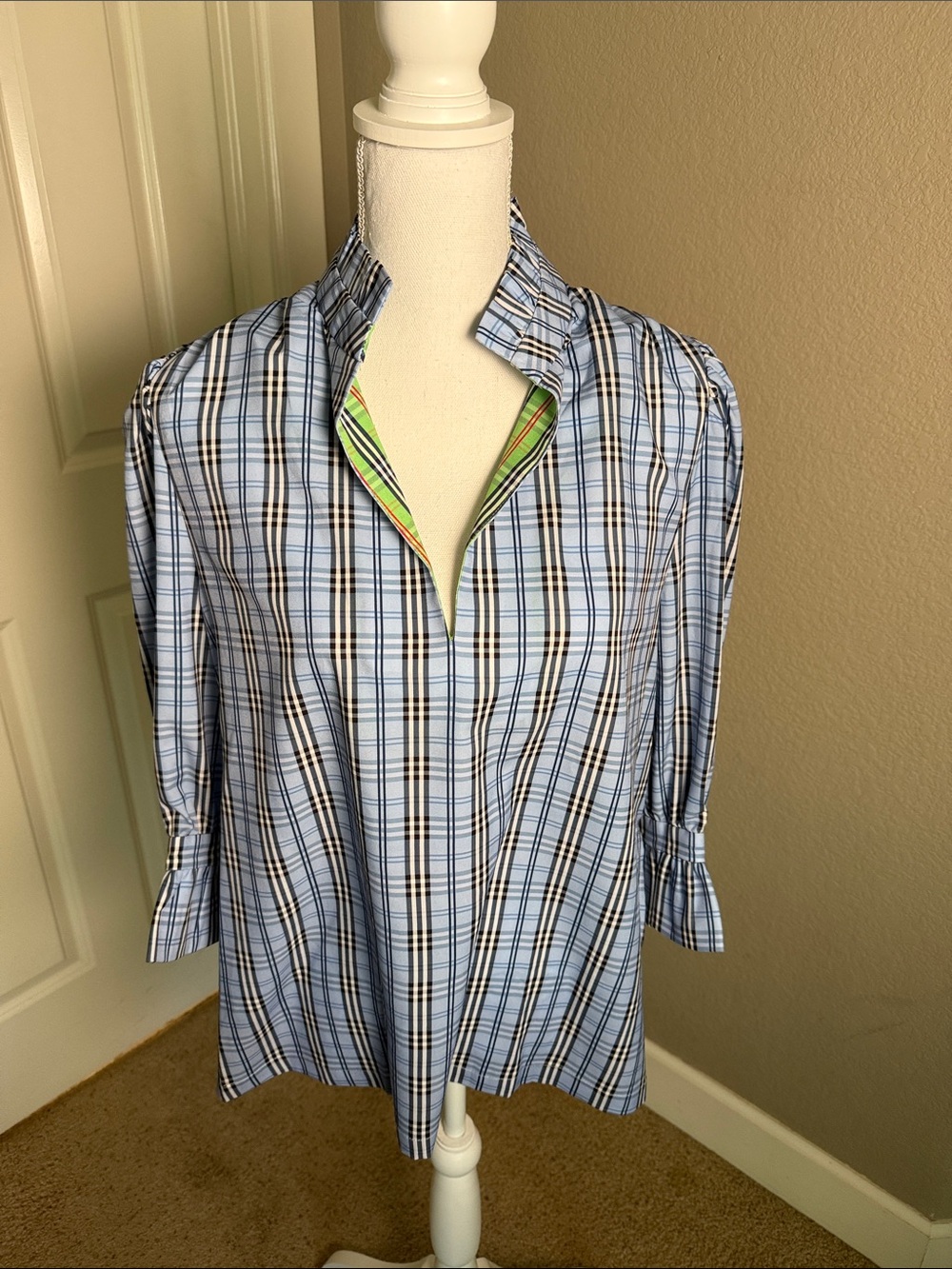 Gretchen Scott Designs Light Blue Plaid Blouse with Lime Trim - Picture 2 of 3